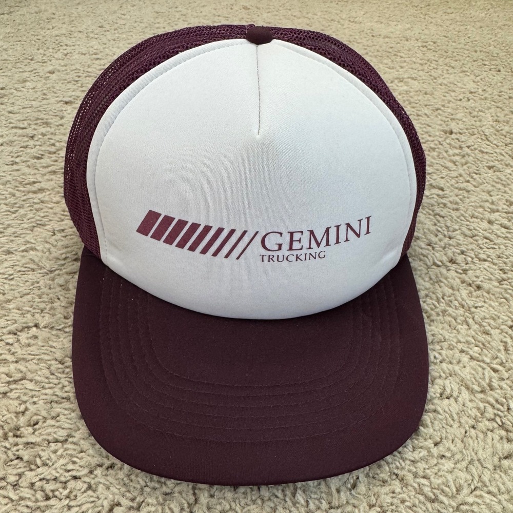 Vtg Gemini Trucking Hat Burgundy White Trucker Adjustable Snapback Foam Mesh Cap